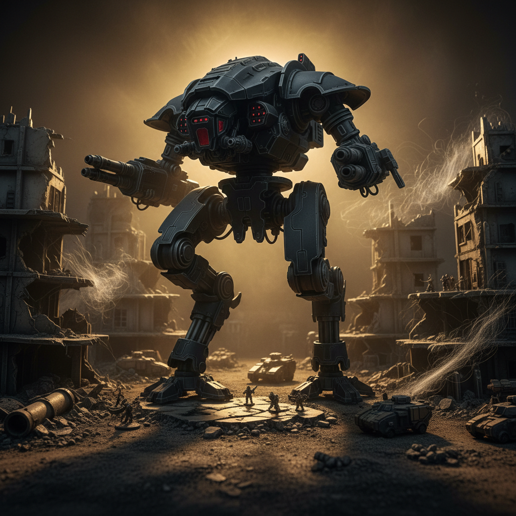 A cinematic, low‑angle photographic shot of a towering 6mm sci‑fi walker striding through a ruined industrial complex. The walker’s armor is matte charcoal with subtle panel lining, glowing red sensor clusters, and articulated weapon arms bristling with barrels. Around its feet, tiny infantry stands and smaller vehicles advance between shattered pipelines, collapsed gantries, and cracked concrete platforms. Directional studio lighting from behind and above the walker creates a strong rim light around its silhouette, casting long, dramatic shadows across the terrain. Wisps of simulated battlefield smoke made from cotton or translucent fiber add atmosphere without obscuring detail. The composition uses the rule of thirds, with the walker off‑center, conveying unstoppable momentum. The mood is bold and heroic, emphasizing cinematic spectacle while maintaining crisp photographic realism for use on a factions or unit showcase page.