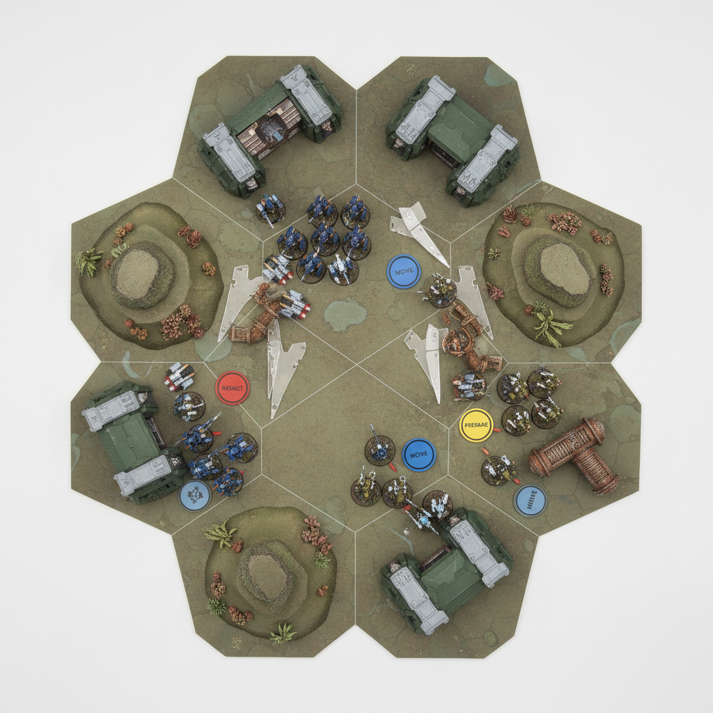 A neatly organized, photographic overhead shot of an Antarian Vanguard game in progress on a compact gaming mat, emphasizing tactical clarity. The battlefield features hexed or subtly gridded terrain with low alien hills, modular bunkers, and scatter terrain like blasted power conduits. Units of 6mm mechs, light skimmers, and infantry stands are positioned mid‑maneuver, with colored order tokens and precision acrylic measuring tools placed nearby. Neutral, even studio lighting from above reduces harsh shadows, making every game element easily readable. The color palette is balanced and professional, with muted terrain tones offset by brighter unit accents. The mood is focused and analytical, conveying thoughtful decision‑making rather than chaotic brawling. Shot with sharp focus throughout and a centered, top‑down composition, ideal for explaining core mechanics and turn structure in a rulebook or website tutorial section.
