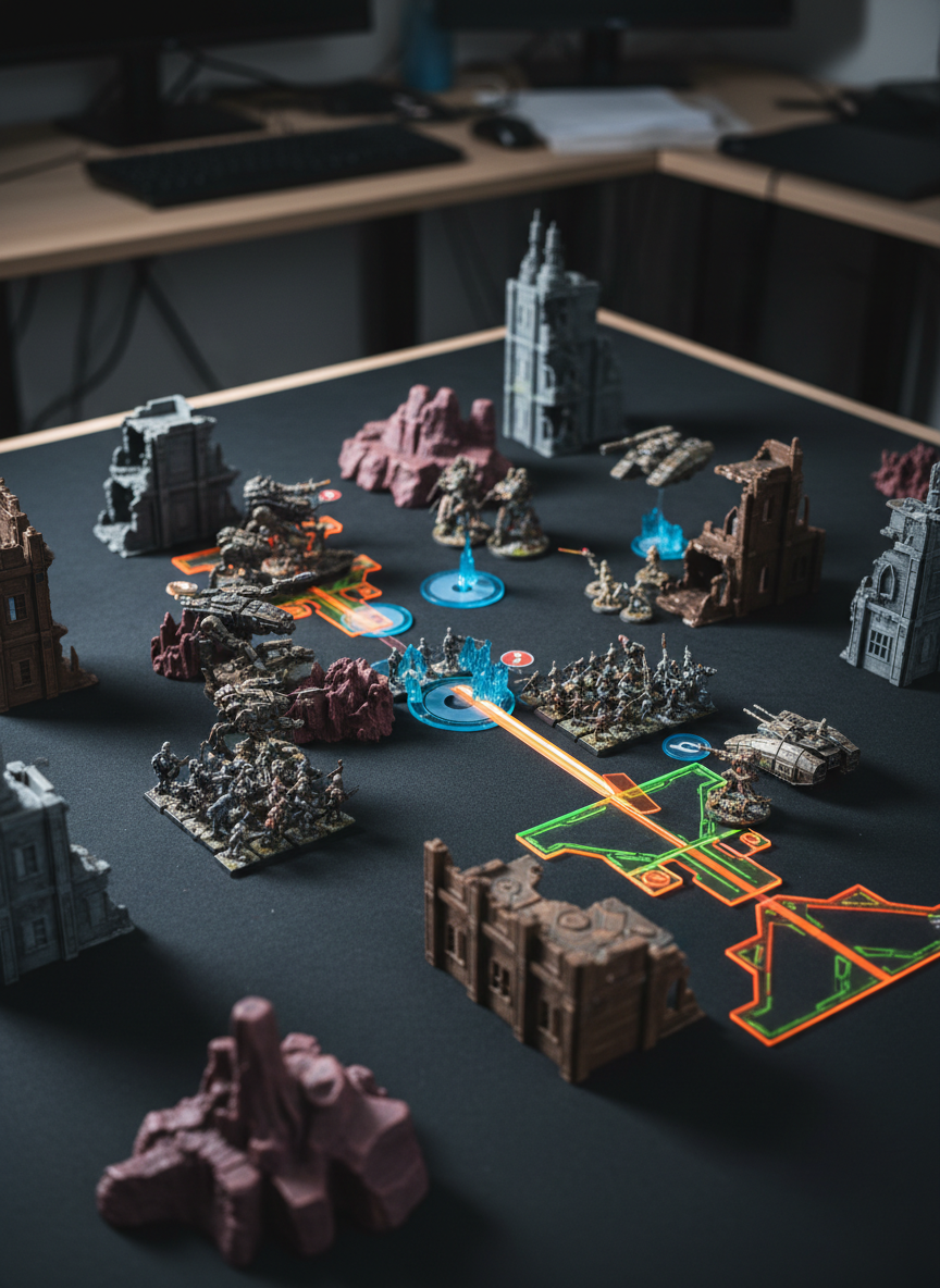 A dramatic overhead photographic view of a detailed 6mm sci‑fi battlefield laid out on a dark, matte gaming table. Tiny, meticulously painted armored walkers, grav tanks, and infantry stands in crisp unit formations clash between modular city ruins and rocky alien outcrops. Translucent blast markers and glowing acrylic templates highlight active combat zones. Cool, directional studio lighting from the upper left creates sharp, cinematic contrasts, emphasizing metallic edges and dust‑weathered textures on the miniatures. The background falls into a soft bokeh, keeping focus on the central engagement. The mood is tense and tactical, evoking a high‑stakes battle in progress. Shot in sharp photographic realism with a slightly elevated angle, composed using the rule of thirds to lead the eye along the main battle line, clean and professional for a game’s homepage hero image.