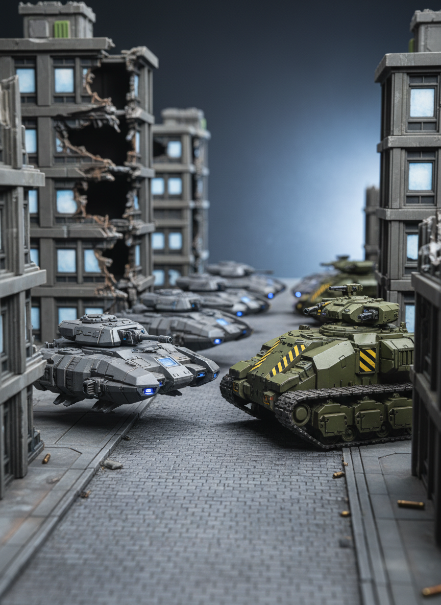 A tight, photographic close‑up of two opposing 6mm sci‑fi armored formations facing off across a narrow urban street. On one side, angular, gunmetal grey hover tanks with glowing blue engine vents; on the other, squat, heavily armored tracked vehicles in matte olive with hazard stripes. The street is lined with modular, mid‑rise sci‑fi buildings, some blasted open to expose twisted interior girders and scorched walls. Focused, cool studio lighting rakes across the miniatures from the right, creating crisp highlights on armor plates and soft shadows beneath. A shallow depth of field keeps the leading tanks razor sharp while the rear echelon gently blurs. The atmosphere is cinematic and suspenseful, suggesting the moment before a decisive volley. Photographic realism, clean and modern composition tailored for a professional rules overview section.