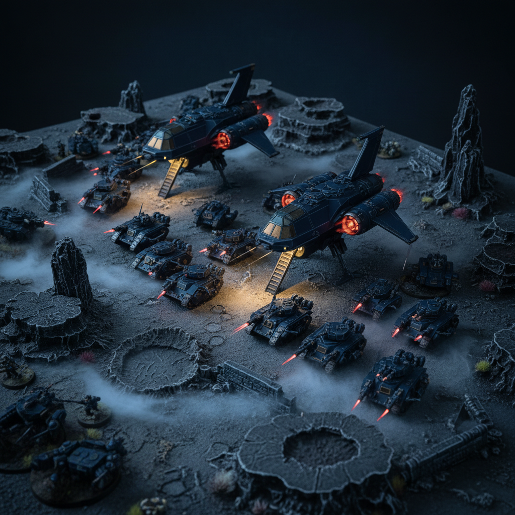 A dramatic, photographic battlefield night scene showcasing an Antarian Vanguard planetary assault. Sleek drop‑ships with extended landing struts sit on a rough, cratered landing zone, their metallic hulls painted in dark navy with bright, glowing engine intakes. Around them, 6mm armored units deploy between jagged rock formations and low defensive walls, weapon muzzles accented with faint simulated muzzle‑flash effects using LEDs or subtle post‑processing. The environment is illuminated by a cool, bluish overhead key light suggesting moonlight, combined with warmer, localized lights on the ships and vehicles, creating contrasting pools of light and deep shadows. Thin swirling ground fog made from cotton gives a sense of alien atmosphere without obscuring miniatures. Shot from a slightly elevated three‑quarter angle with selective focus, the mood is tense and clandestine, ideal for narrative scenario or campaign imagery in a professional rules supplement.