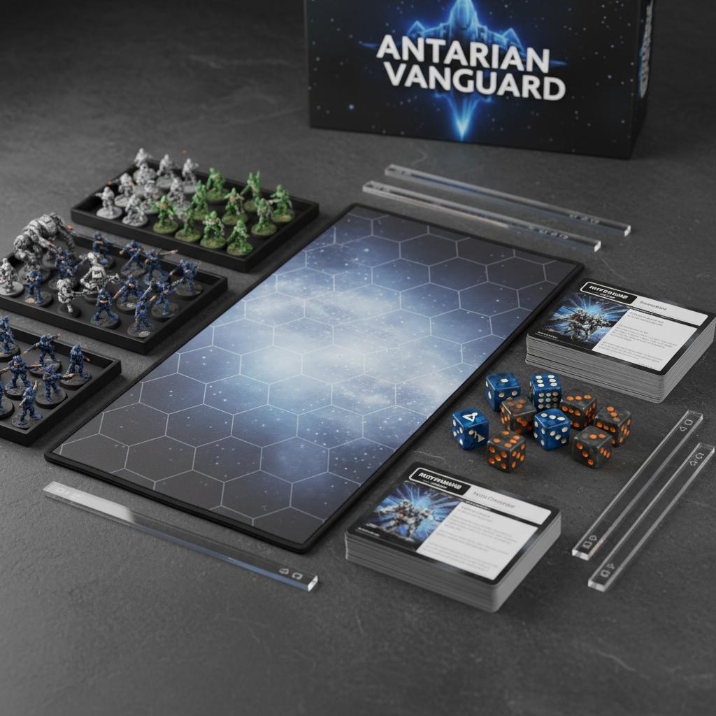 A clean, photographic workspace scene featuring the components of Antarian Vanguard laid out for a new player. On a dark, textured tabletop rests a neatly folded neoprene game mat, several platoon trays of 6mm sci‑fi miniatures in various color schemes, a stack of sleek, graphic design unit cards, custom six‑sided dice, and transparent acrylic measuring sticks. A closed, logo‑branded game box sits in the background, partially blurred but recognizable. Soft, diffused studio lighting from both sides minimizes glare and provides an even, professional look, with subtle reflections on acrylic edges and dice pips. The composition is slightly angled from above, using asymmetrical balance to draw the eye from miniatures to rules materials. The mood is inviting and organized, suggesting an accessible yet deep tactical experience. Photographic realism and a clean, modern aesthetic, perfect for a “What’s in the Box” or Getting Started section.